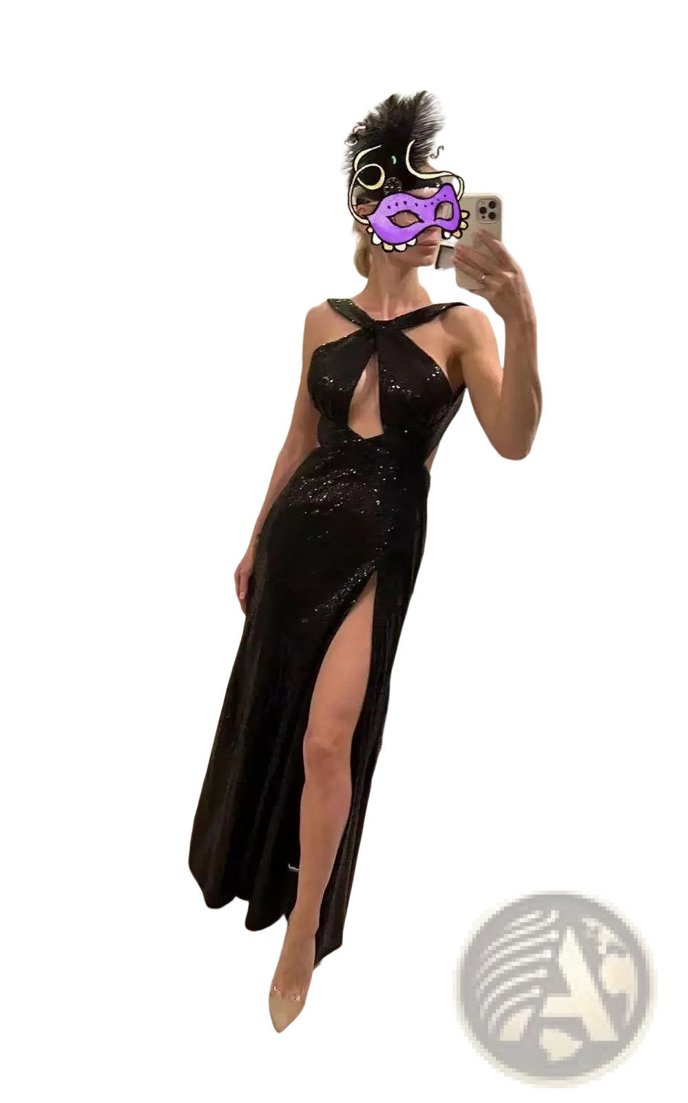 Black Sequined Halter Neck Evening Gown with High Slit