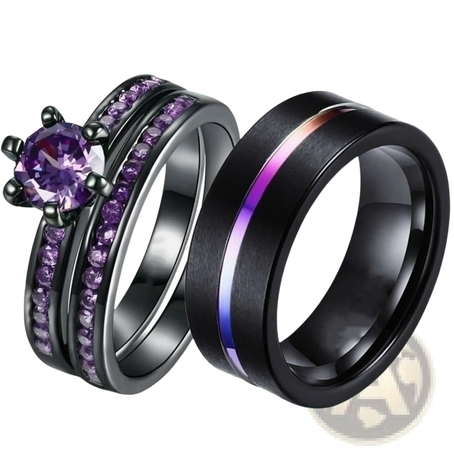 Black Tungsten and Purple Gemstone Wedding Band Set