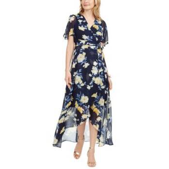 Vestido longo feminino Jessica Howard com estampa floral e efeito envelope, azul, tamanho 14