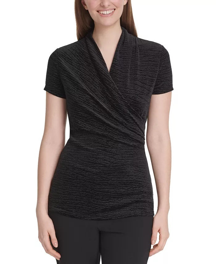 Top feminino estampado com decote em V, preto, tamanho médio, Charter Club