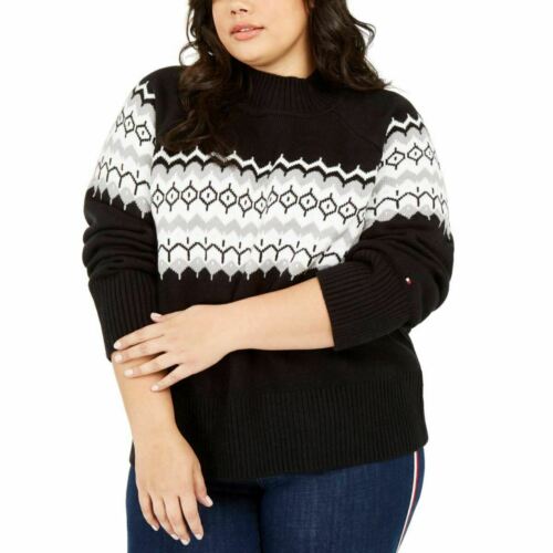 Tommy Hilfiger Suéter feminino plus size Fair Isle com gola alta, preto, tamanho 3X