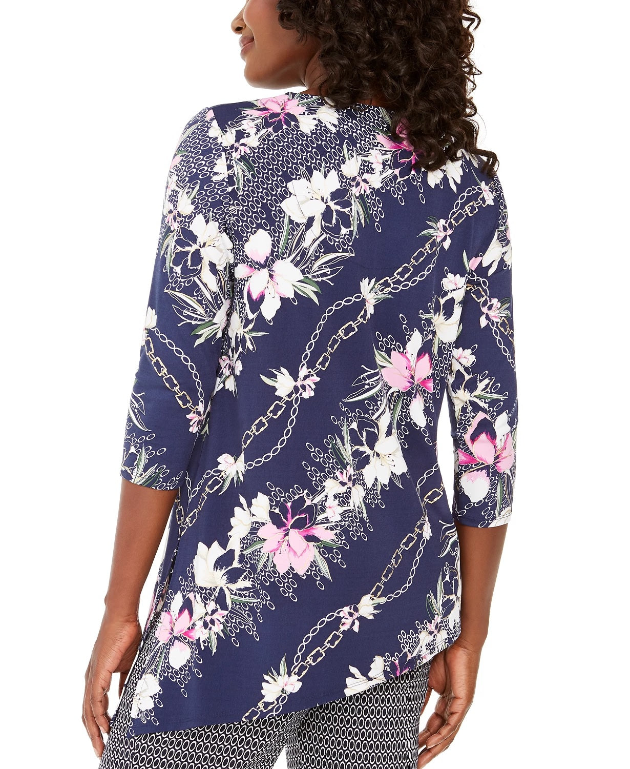 JM Collection Top assimétrico estampado feminino azul marinho tamanho X-S