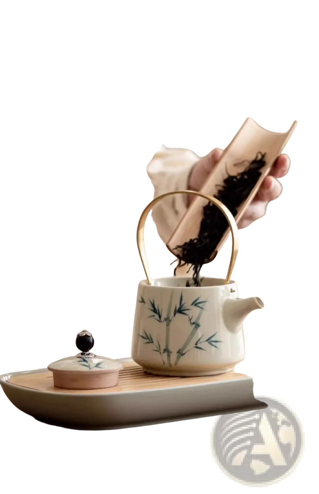 Blue Bamboo Ceramic Teapot Set with Two Cups