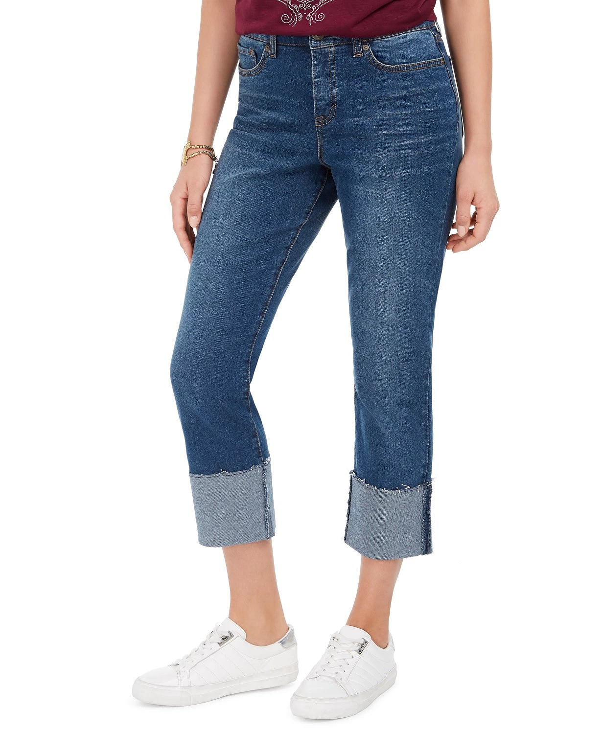 Calça jeans feminina estilo &amp; co, cintura alta, perna reta, azul, tamanho 8