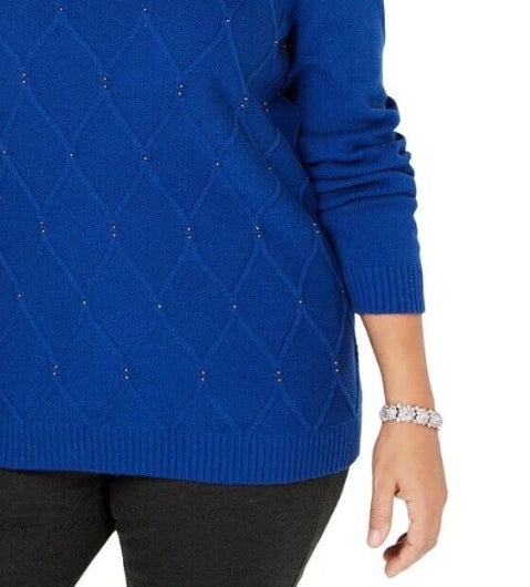 Karen Scott Suéter Feminino com Gola Careca e Cordão com Contas Azul Tamanho Extra Pequeno