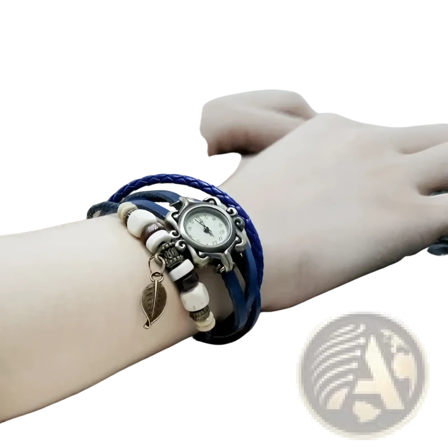 Bohemian Blue Braided Leather Leaf Charm Wrap Watch