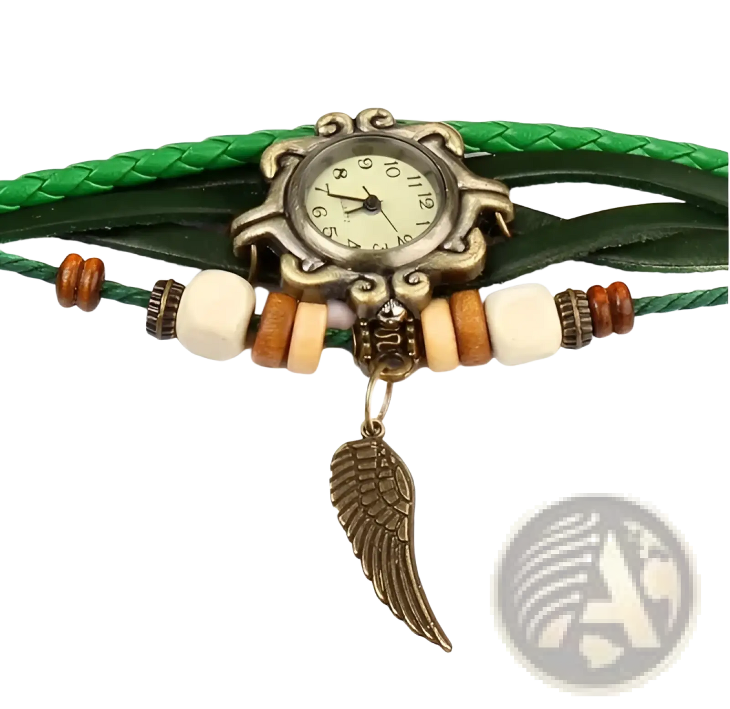 Bohemian Green Braided Leather Angel Wing Watch