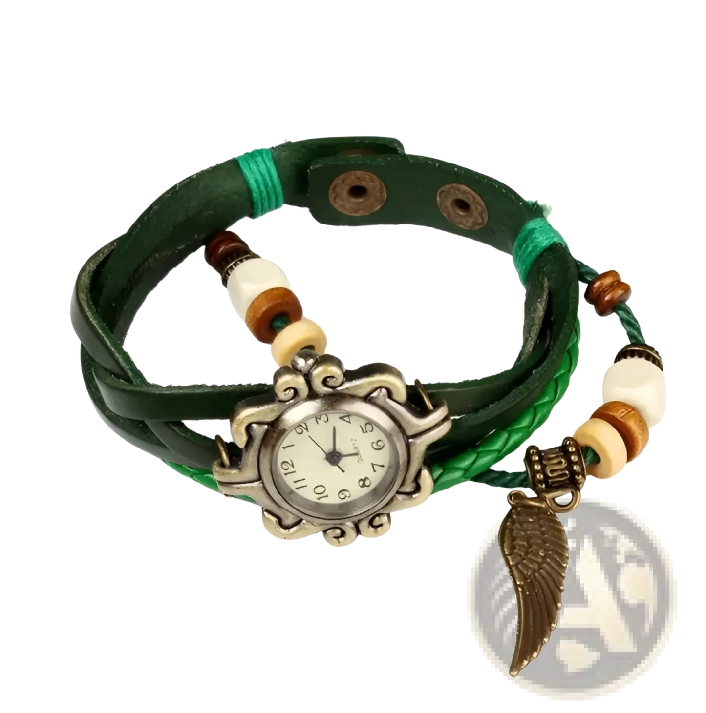 Bohemian Green Braided Leather Angel Wing Watch
