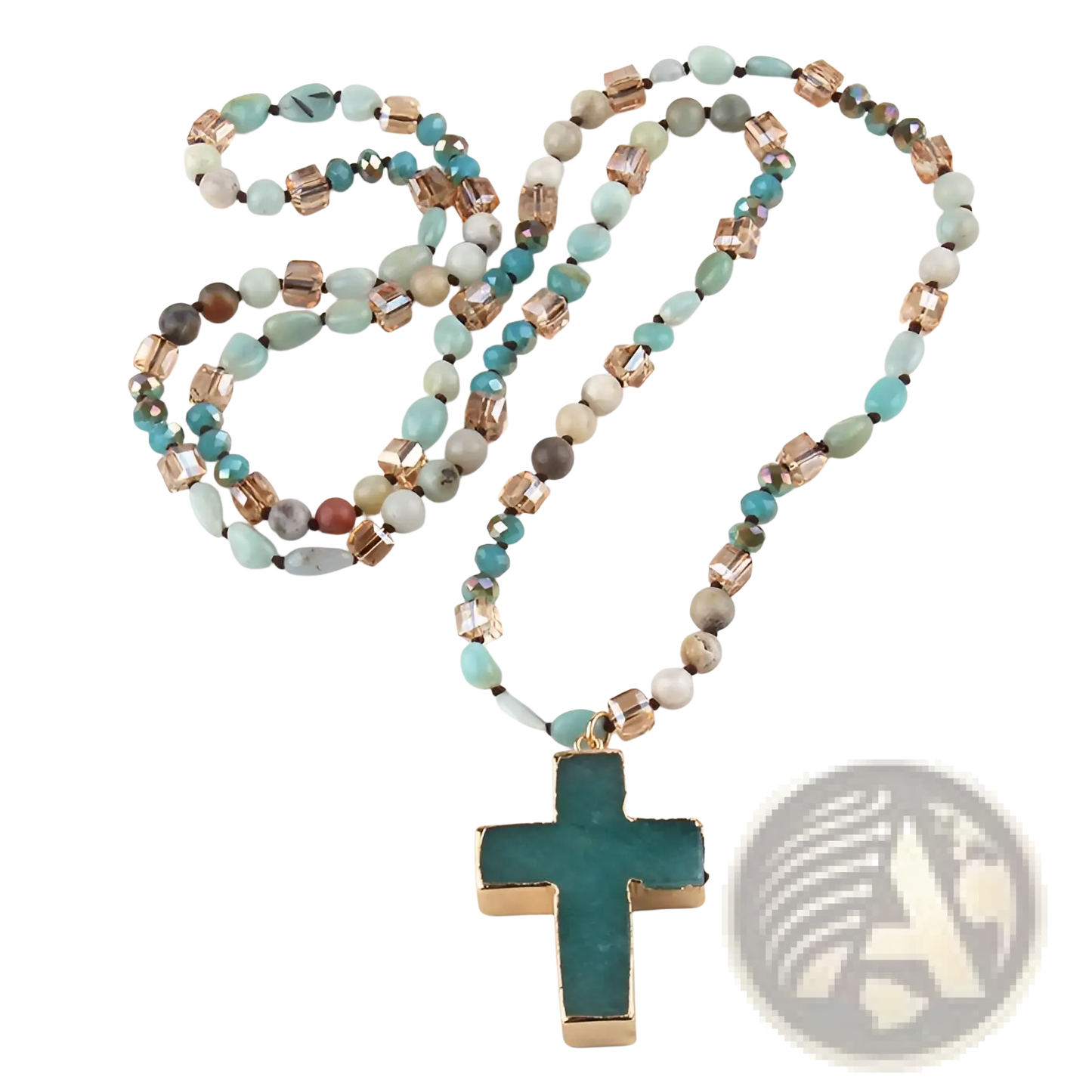 Bohemian Natural Stone and Glass Beaded Cross Necklace