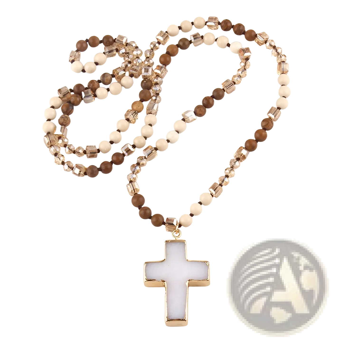 Bohemian Natural Stone and Glass Beaded Cross Necklace