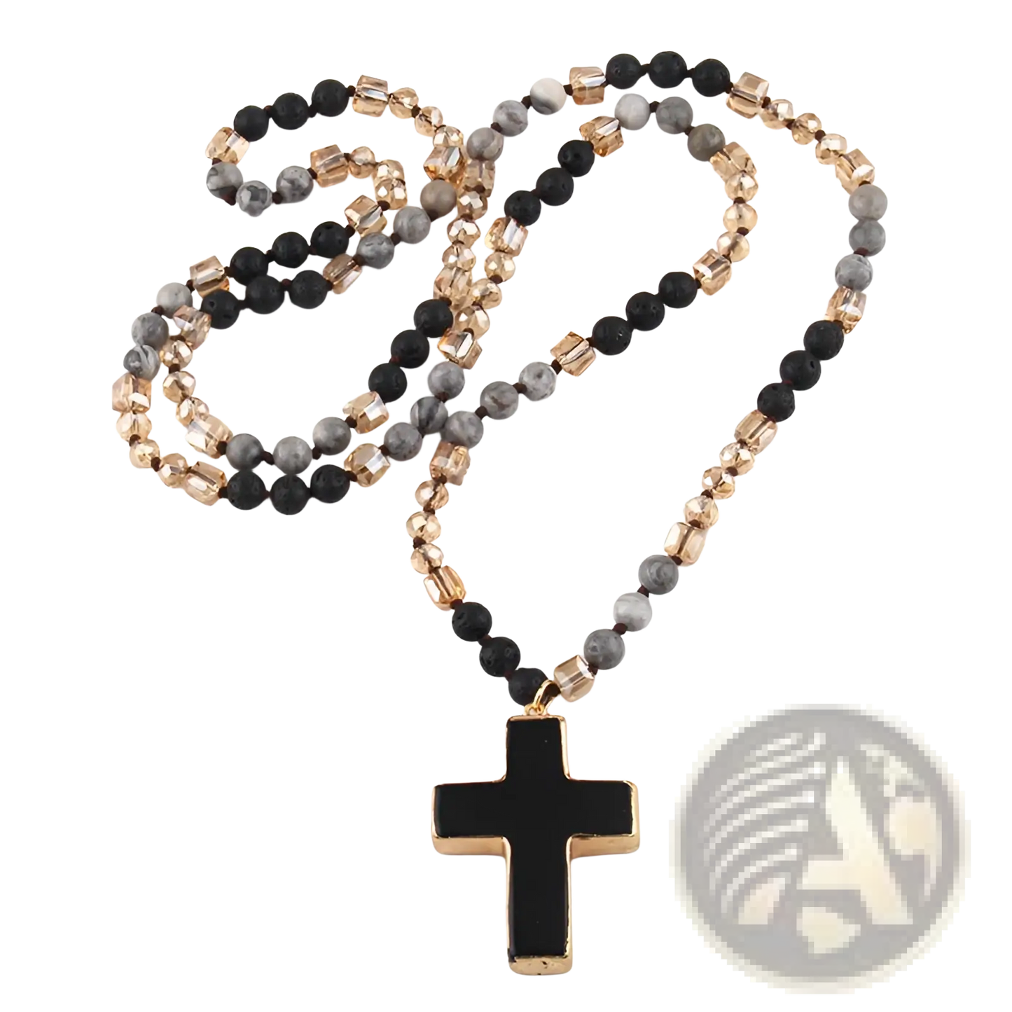 Bohemian Natural Stone and Glass Beaded Cross Necklace