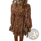 Bohemian Rust Floral Tiered Mini Dress with Puff Sleeves