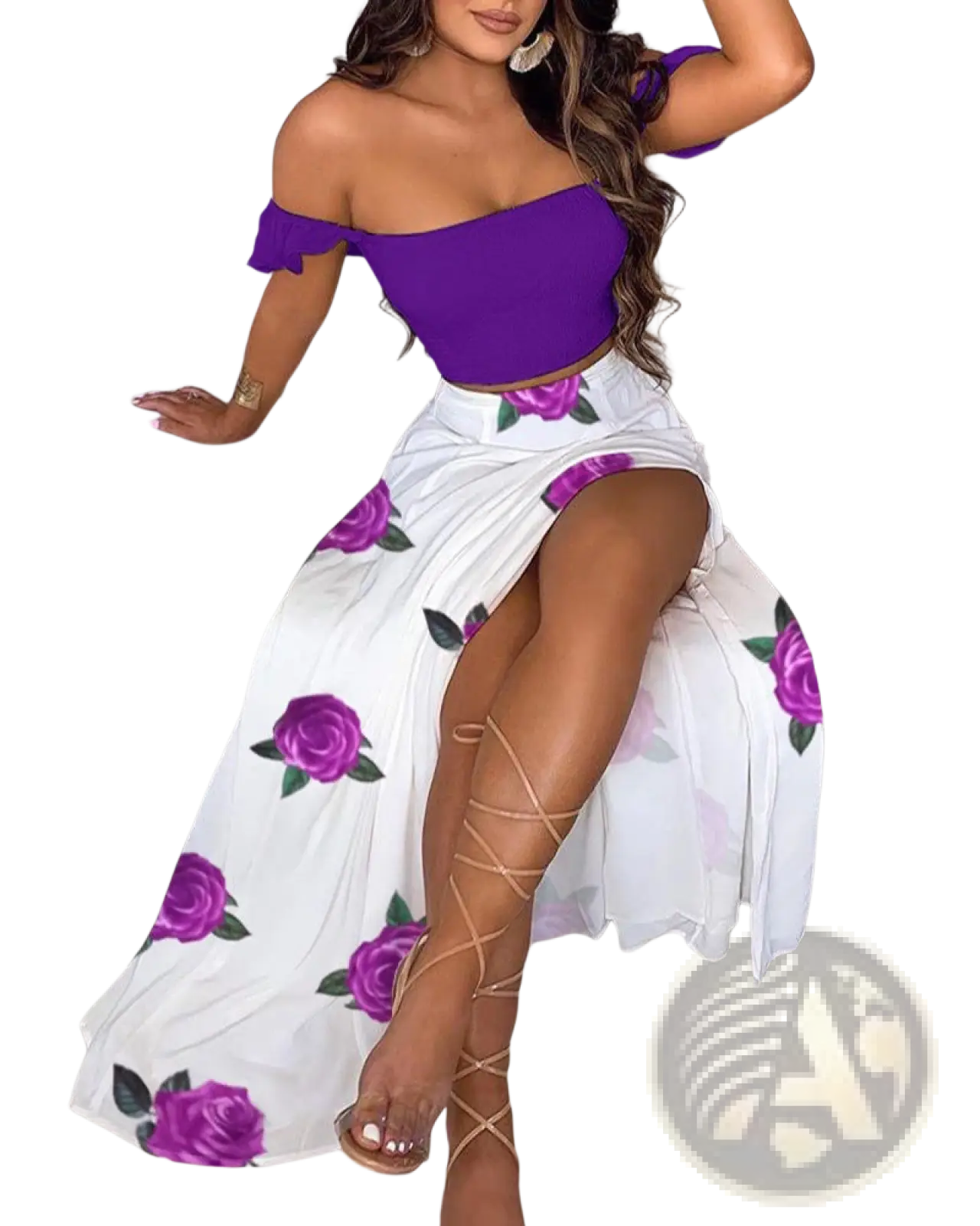 Bohemian Off-shoulder High Slit Two-piece Maxi Dress