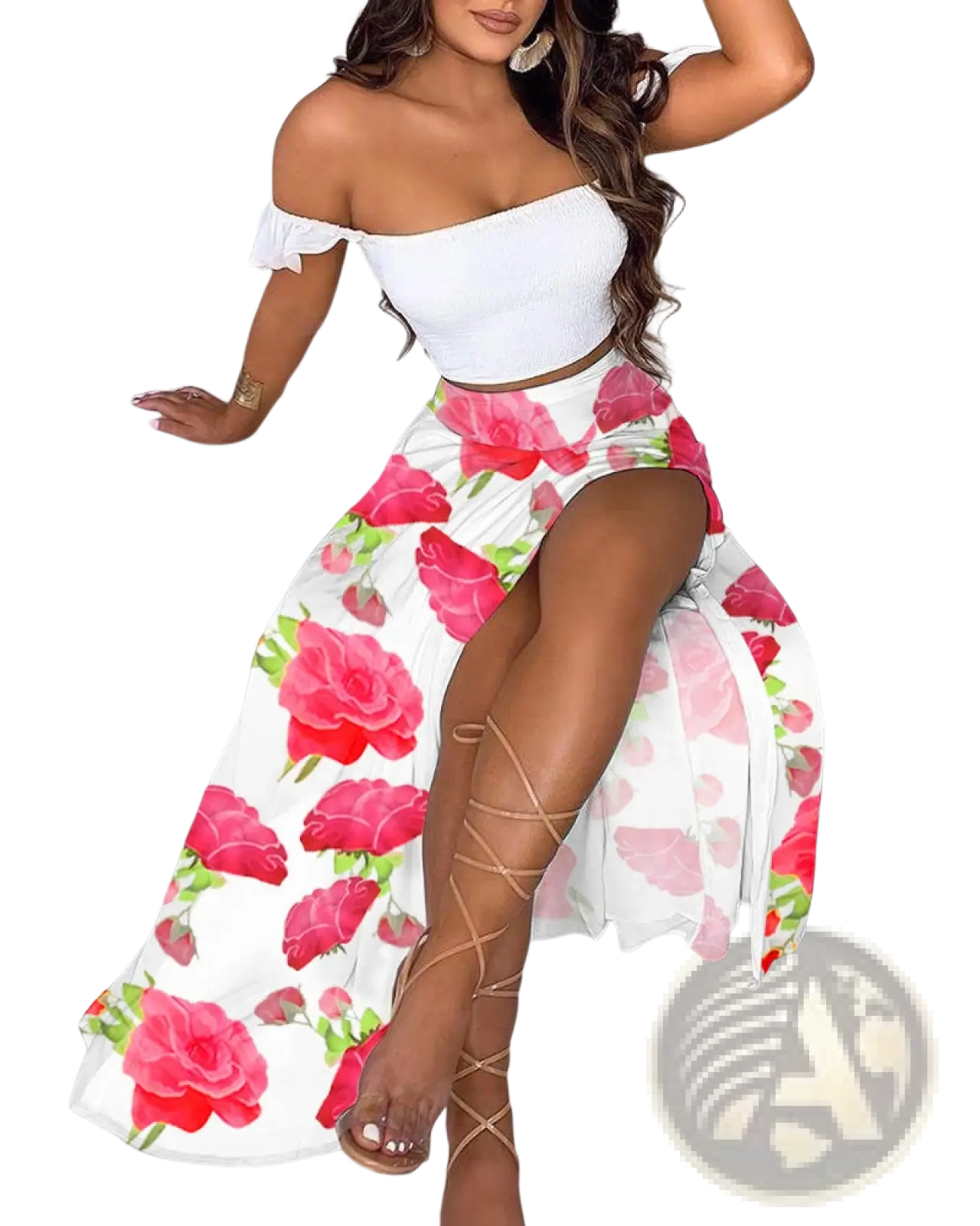 Bohemian Off-shoulder High Slit Two-piece Maxi Dress
