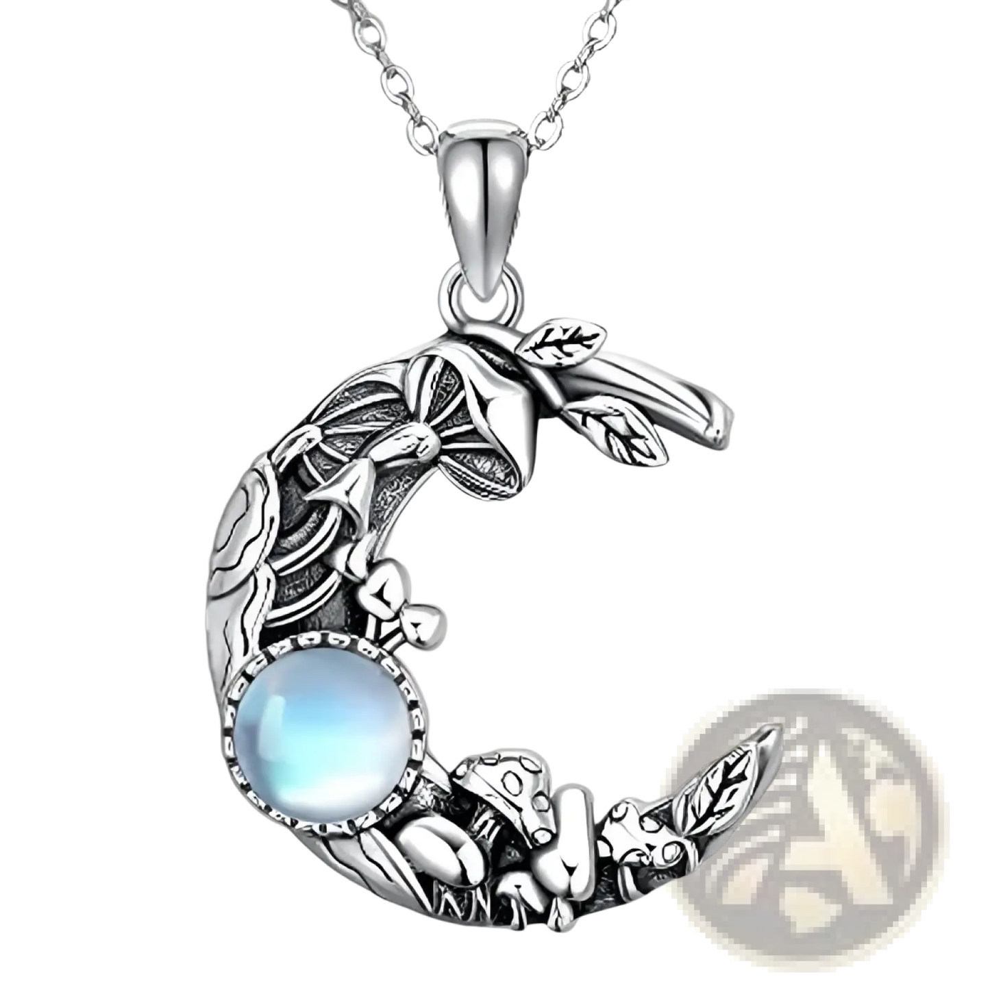 Bohemian Silver Mushroom and Moonstone Crescent Necklace
