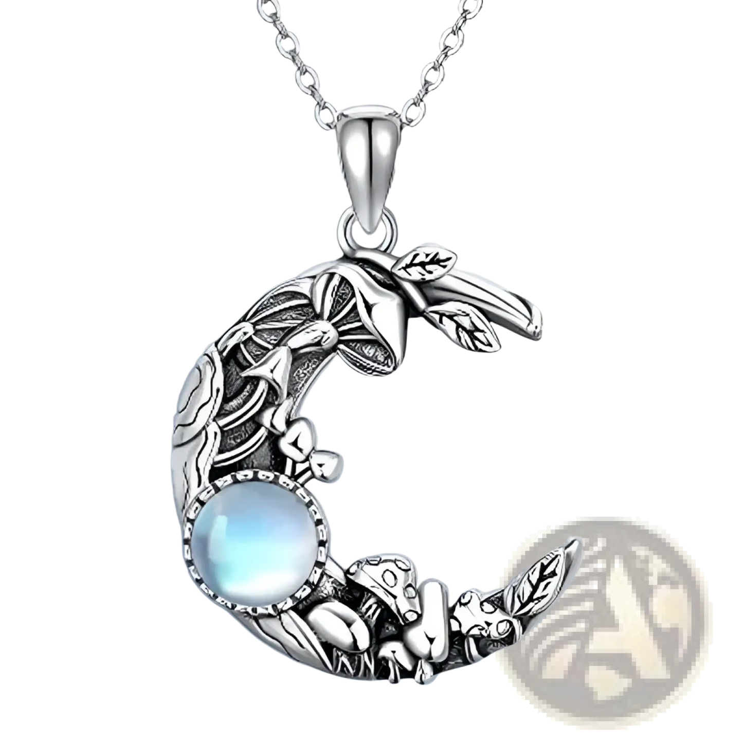 Bohemian Silver Mushroom and Moonstone Crescent Necklace