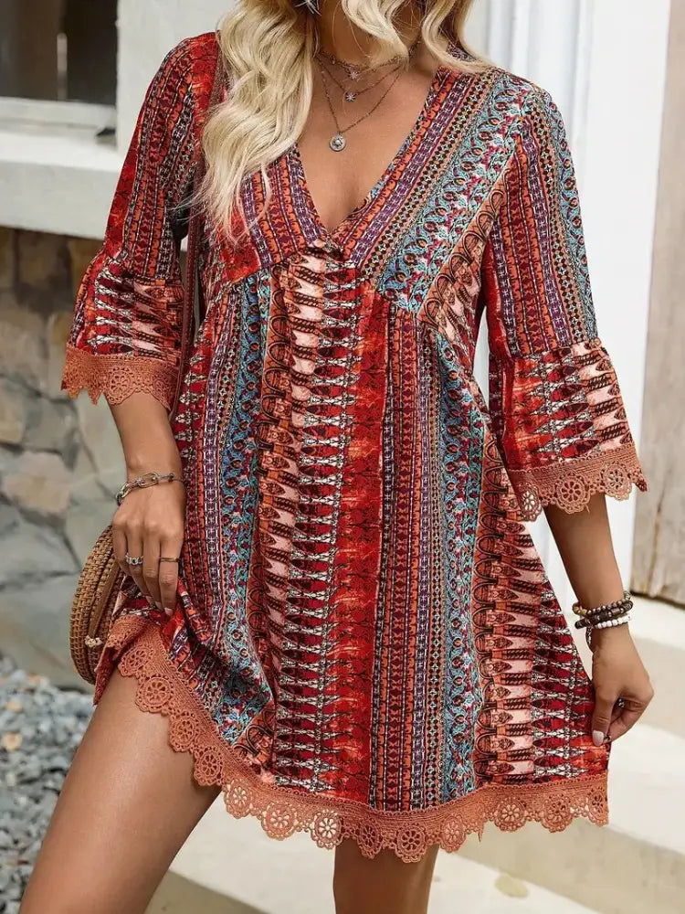 Embroidered Bohemian V-neck Lace Trim Beach Dress