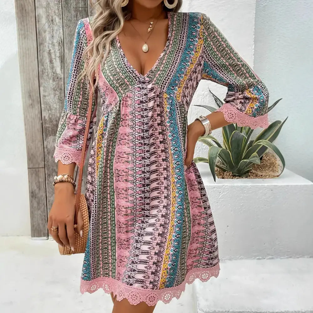 Embroidered Bohemian V-neck Lace Trim Beach Dress