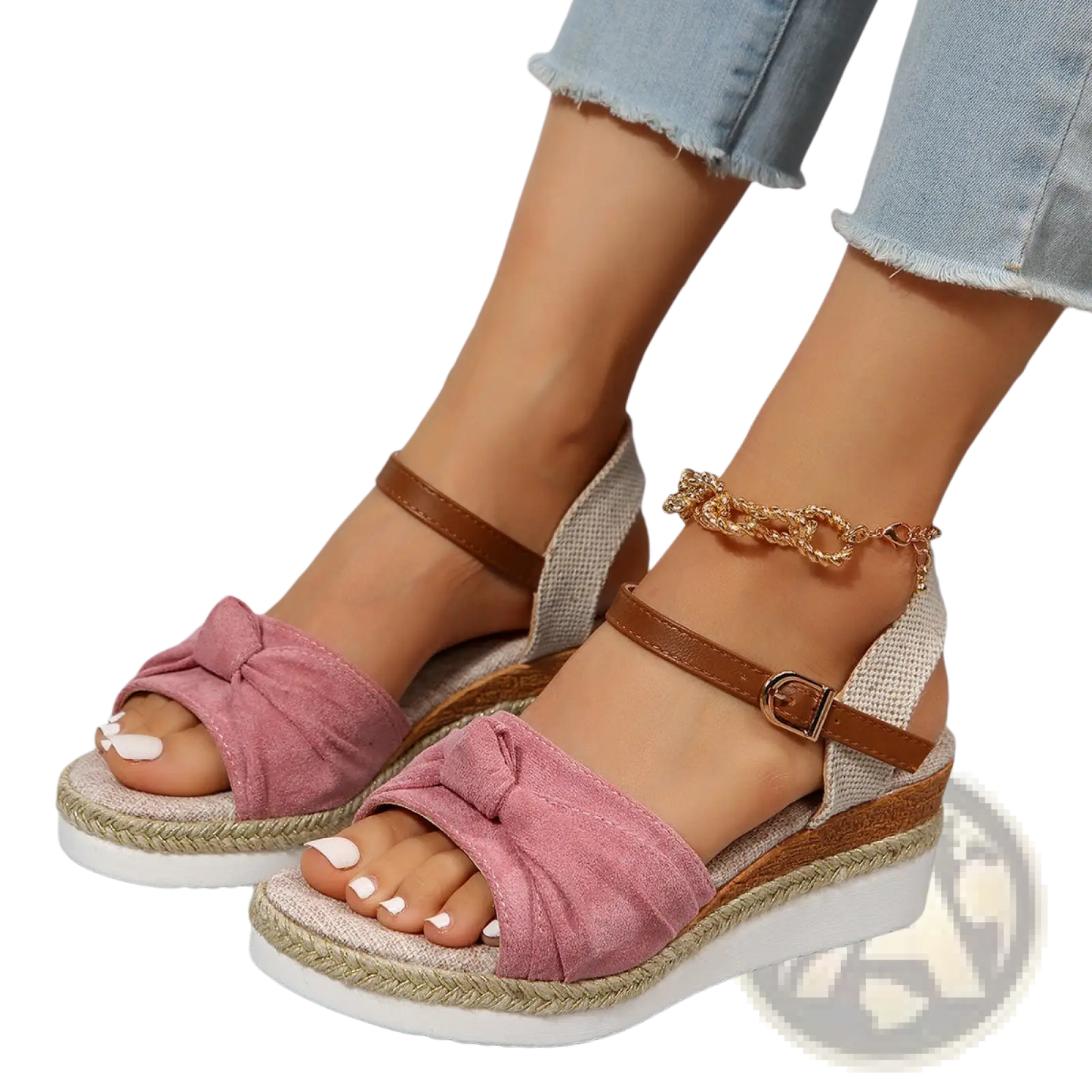 Bow Wedge Sandals with Woven Rope Sole and Buckle Strap
