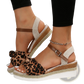 Bow Wedge Sandals with Woven Rope Sole and Buckle Strap