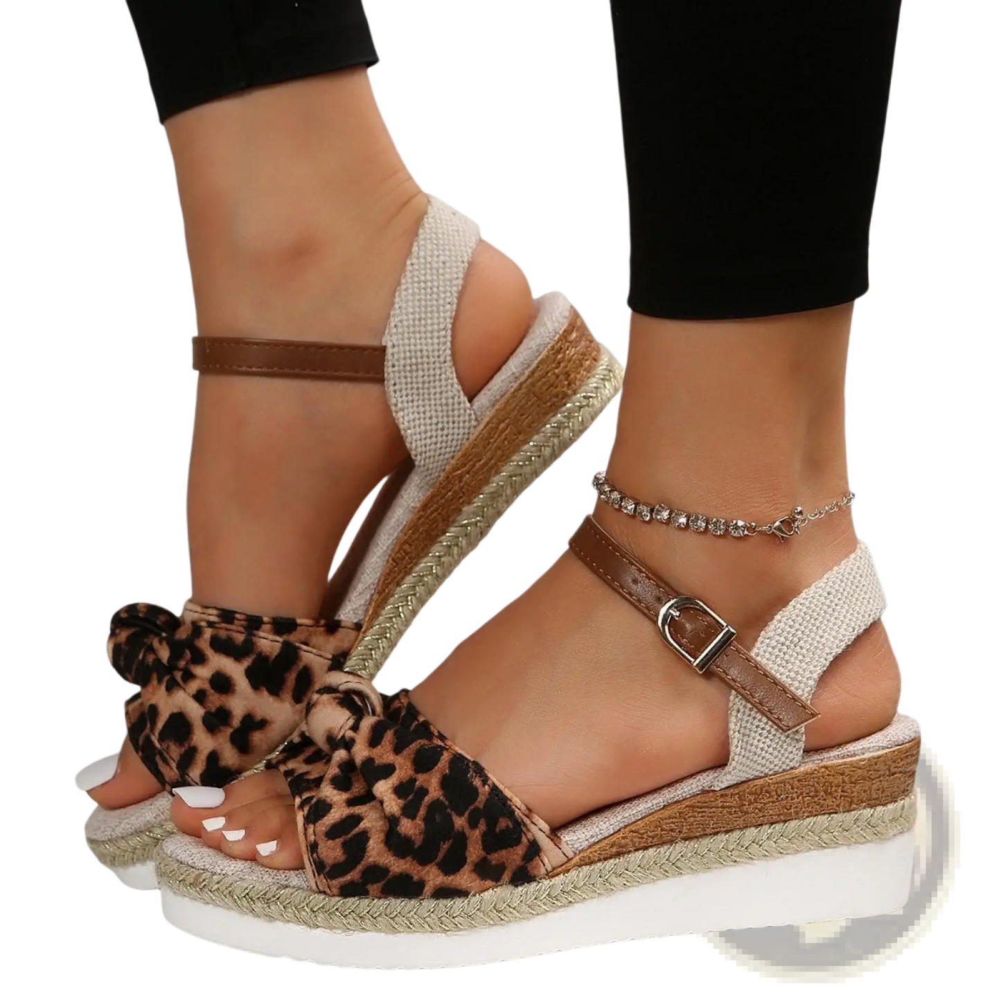 Bow Wedge Sandals with Woven Rope Sole and Buckle Strap