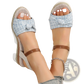 Bow Wedge Sandals with Woven Rope Sole and Buckle Strap