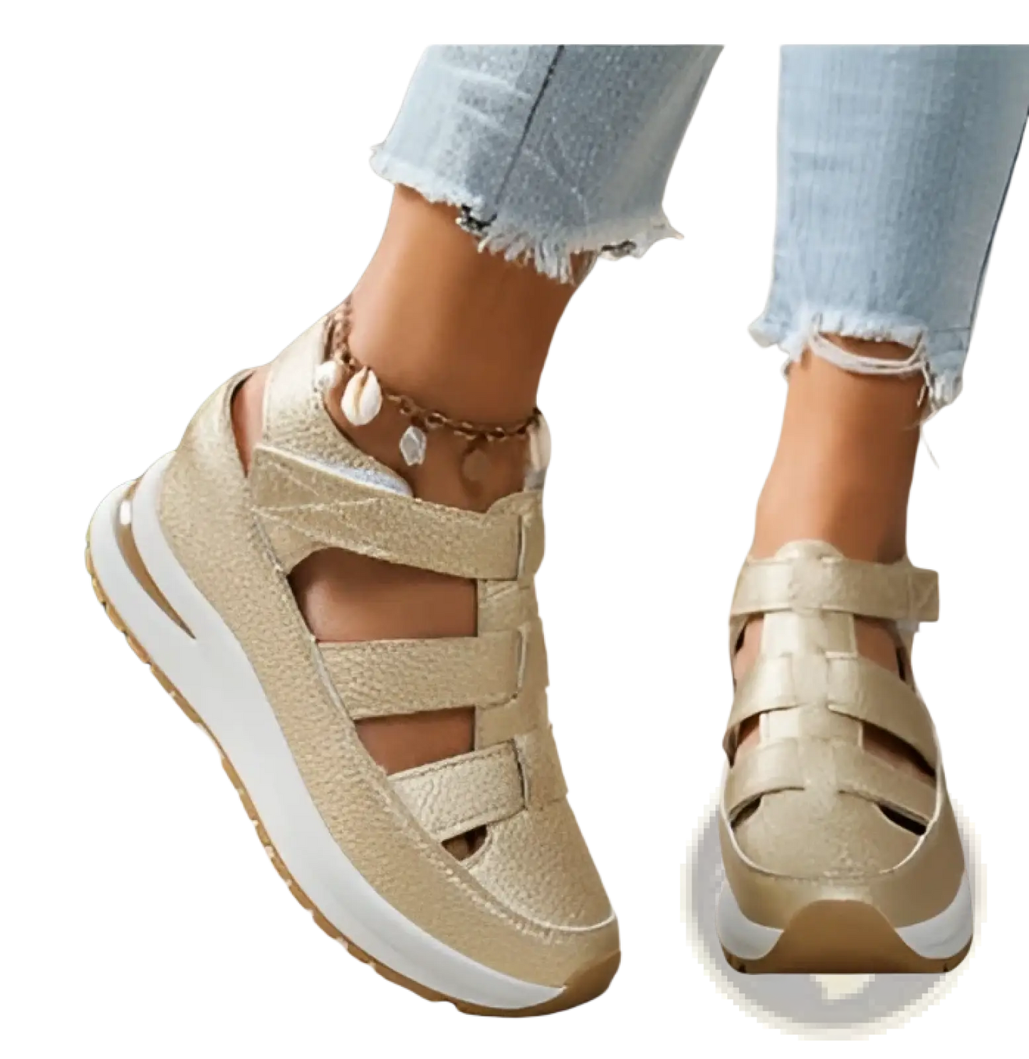 Breathable Hollow Wedge Platform Sandals with Velcro Straps