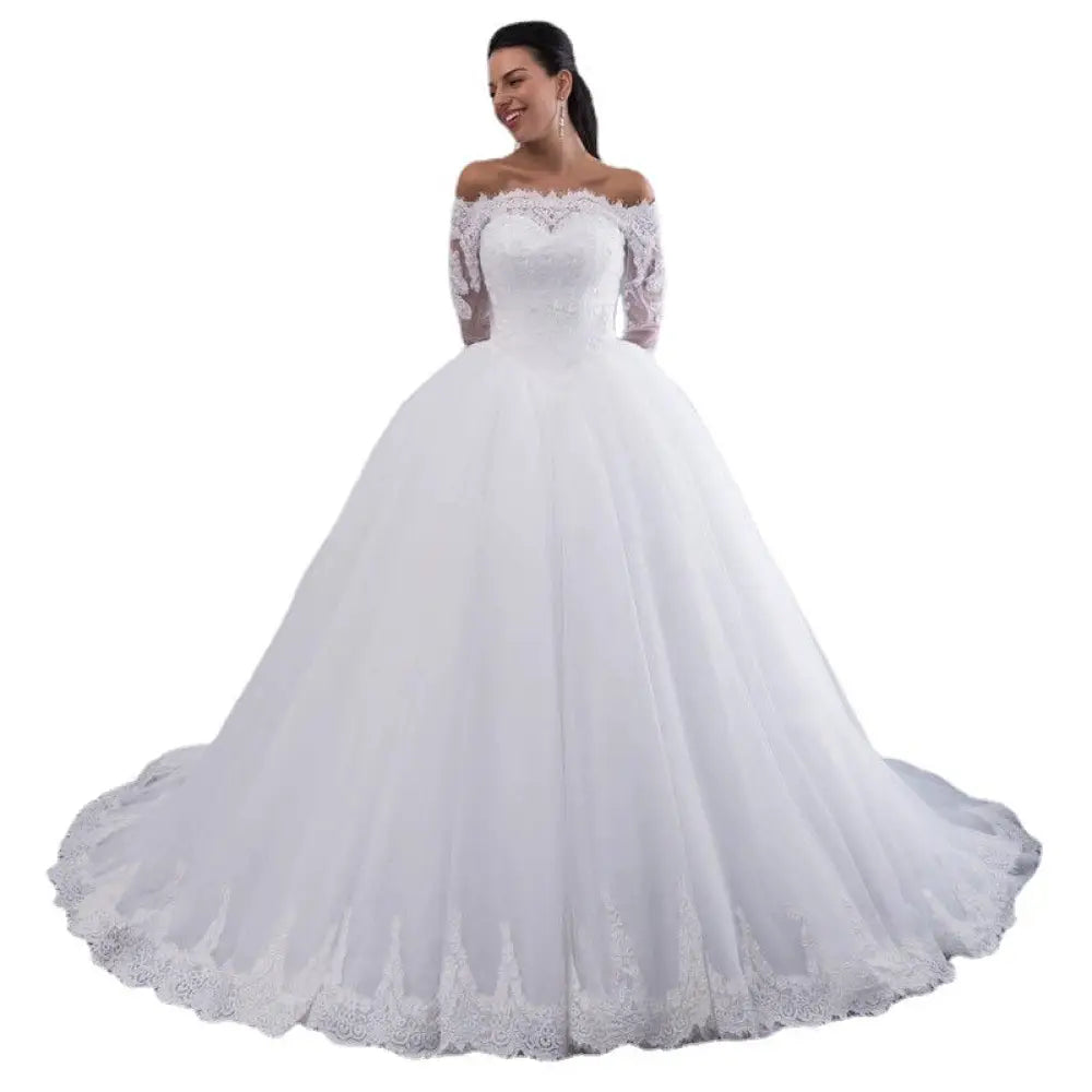 Off-the-shoulder Lace Wedding Gown with Long Train