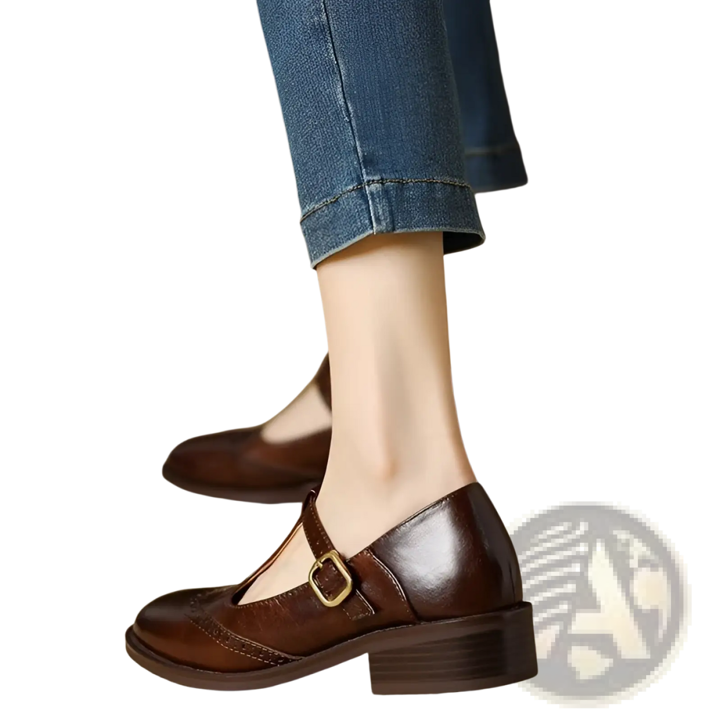 Brogue Mary Jane Chunky Heel Leather Pumps