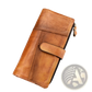 Brown Leather Long Wallet Vintage Stitching Zipper