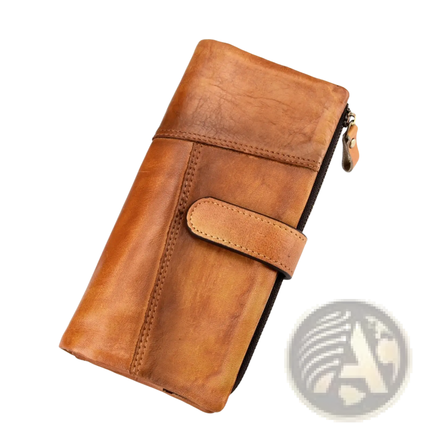 Brown Leather Long Wallet Vintage Stitching Zipper