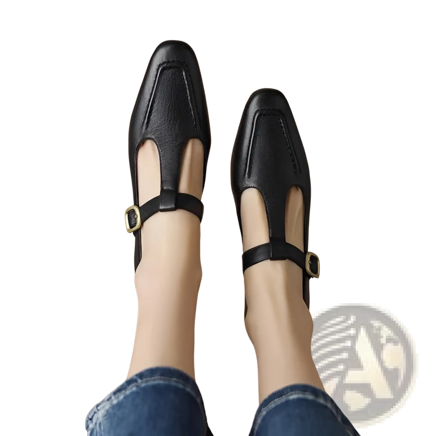 Brown Leather T-strap Square Toe Mary Jane Flats