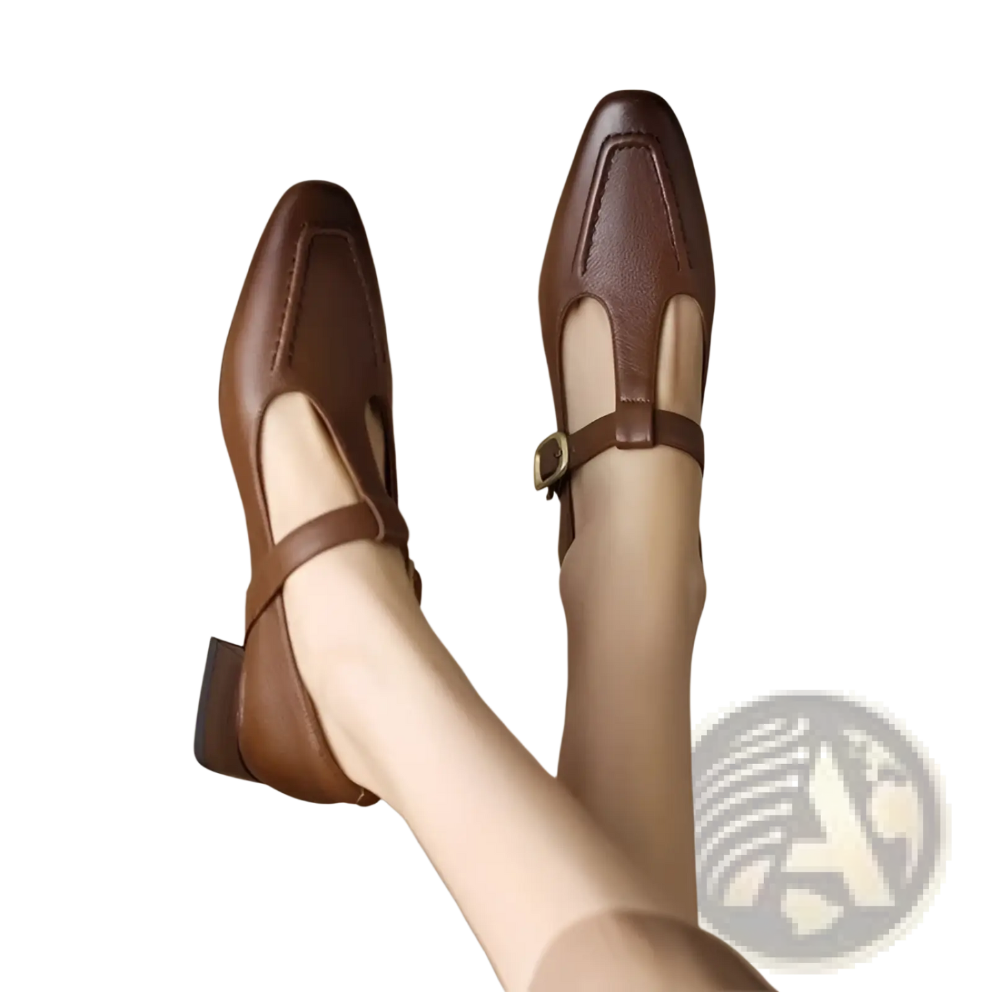 Brown Leather T-strap Square Toe Mary Jane Flats
