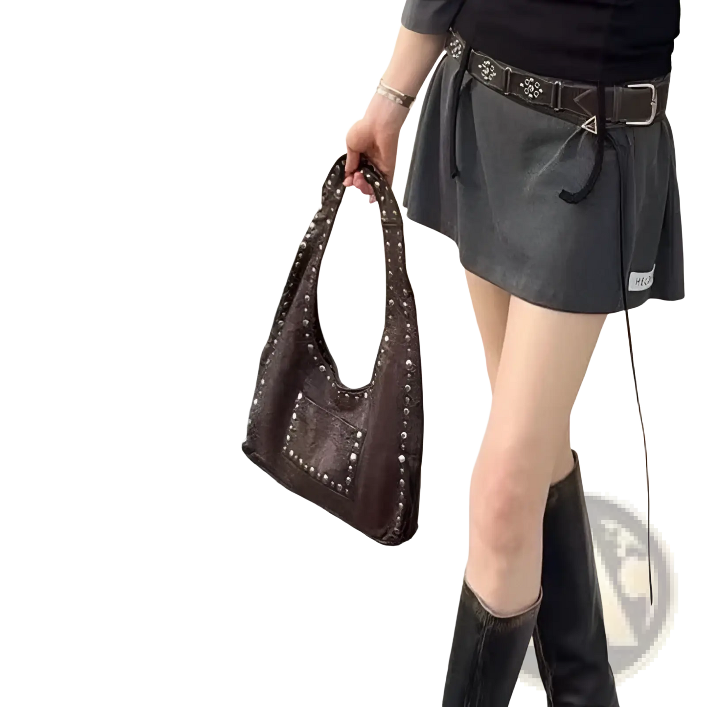 Brown Studded Leather Shoulder Bag Retro Hobo Purse