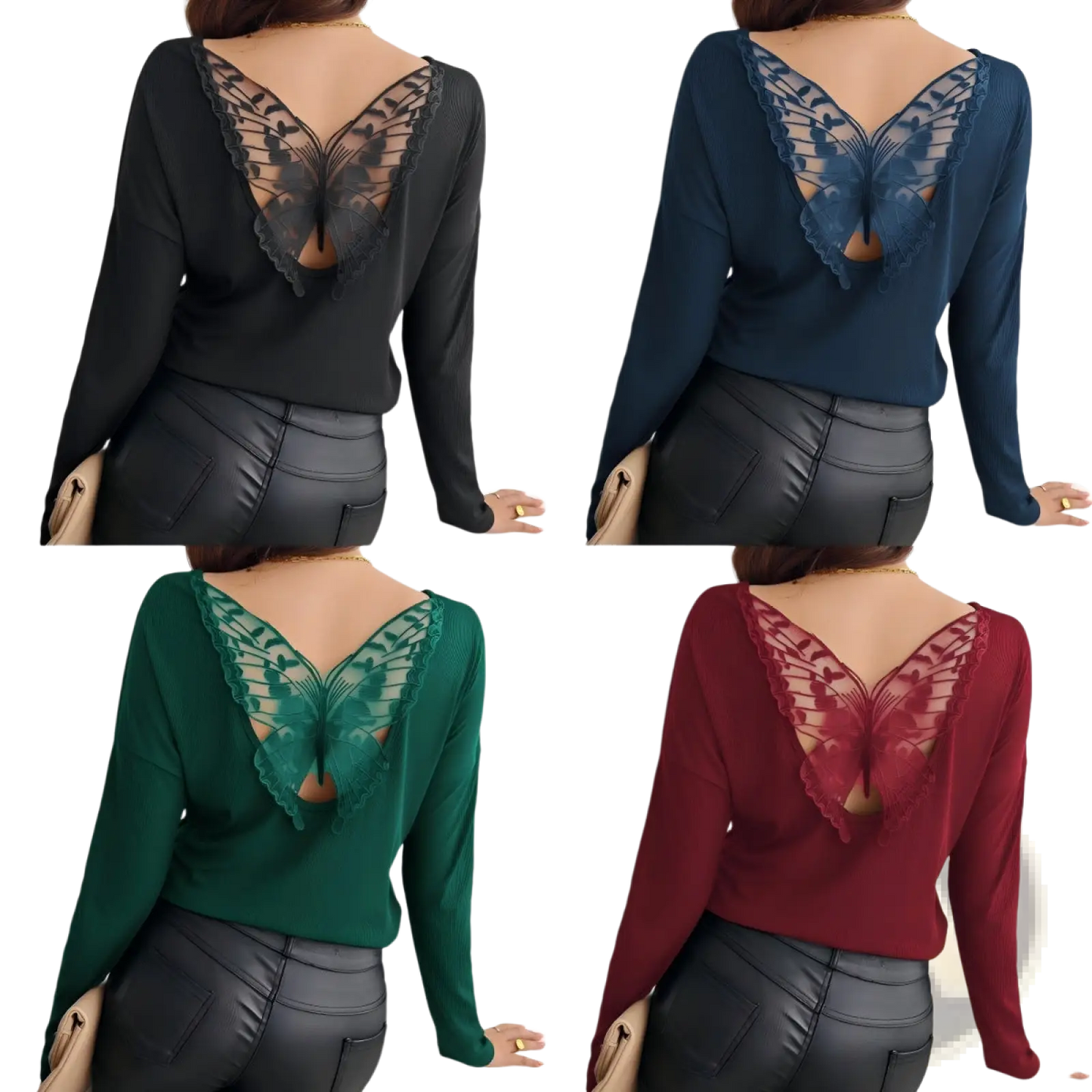 Butterfly Lace Back Ribbed Long Sleeve Top