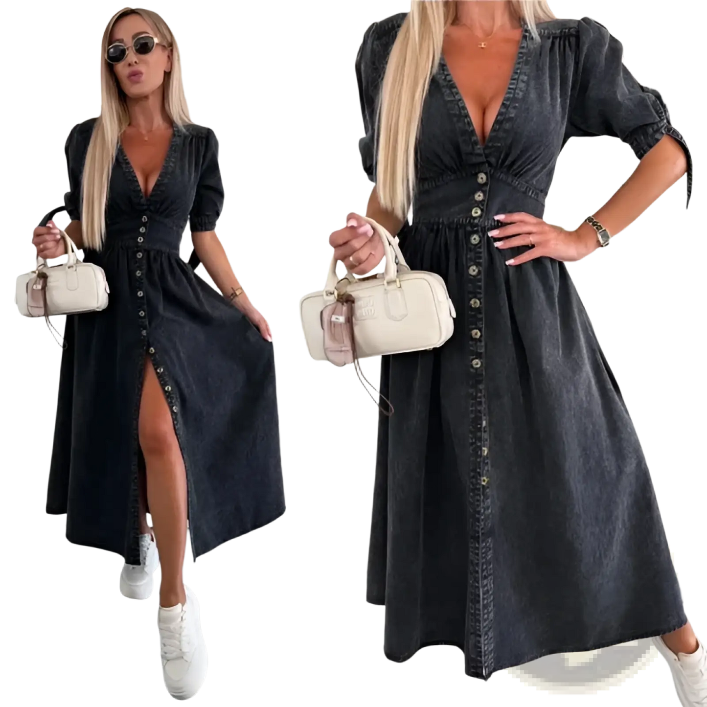 Button Front Denim Midi Dress with Puff Sleeves