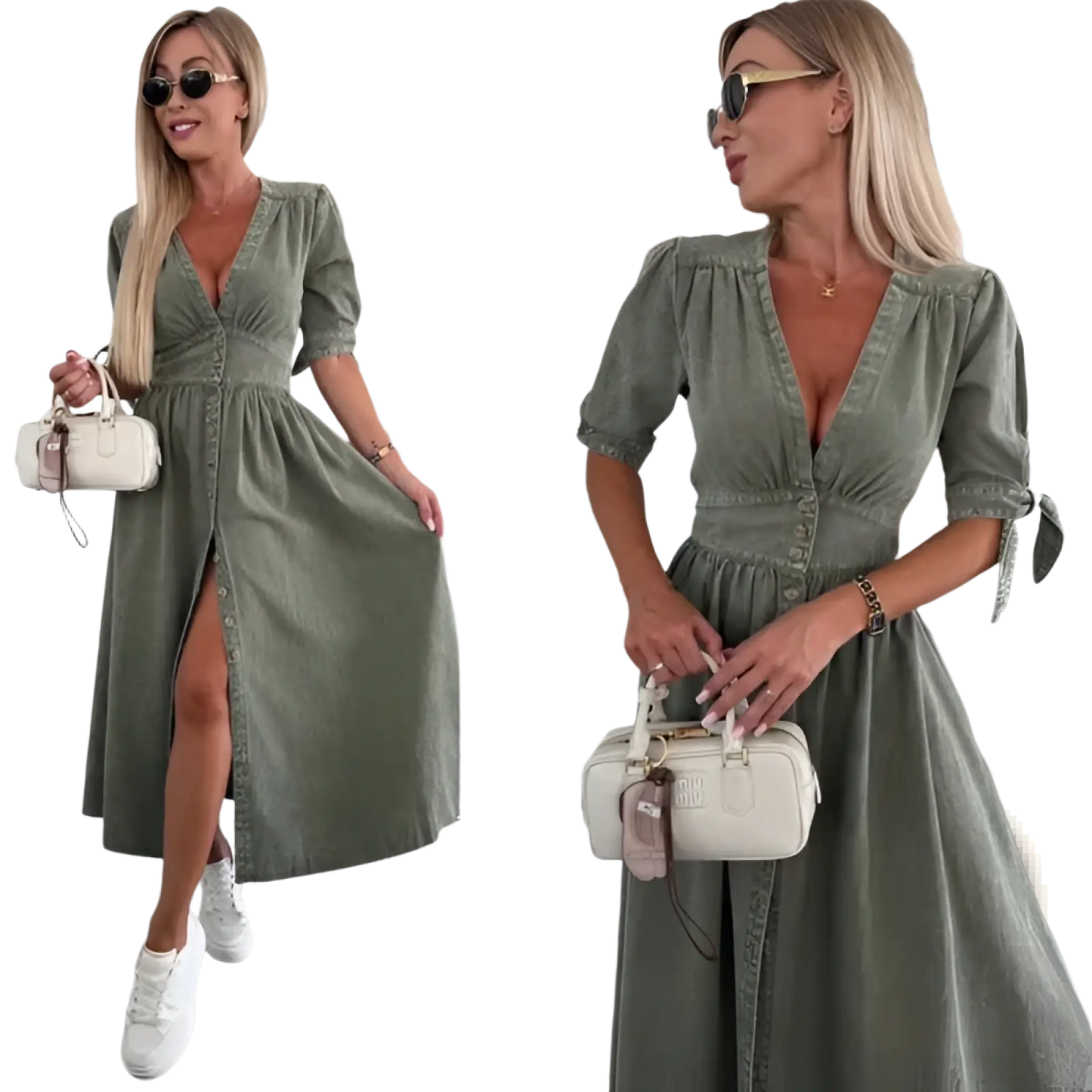 Button Front Denim Midi Dress with Puff Sleeves