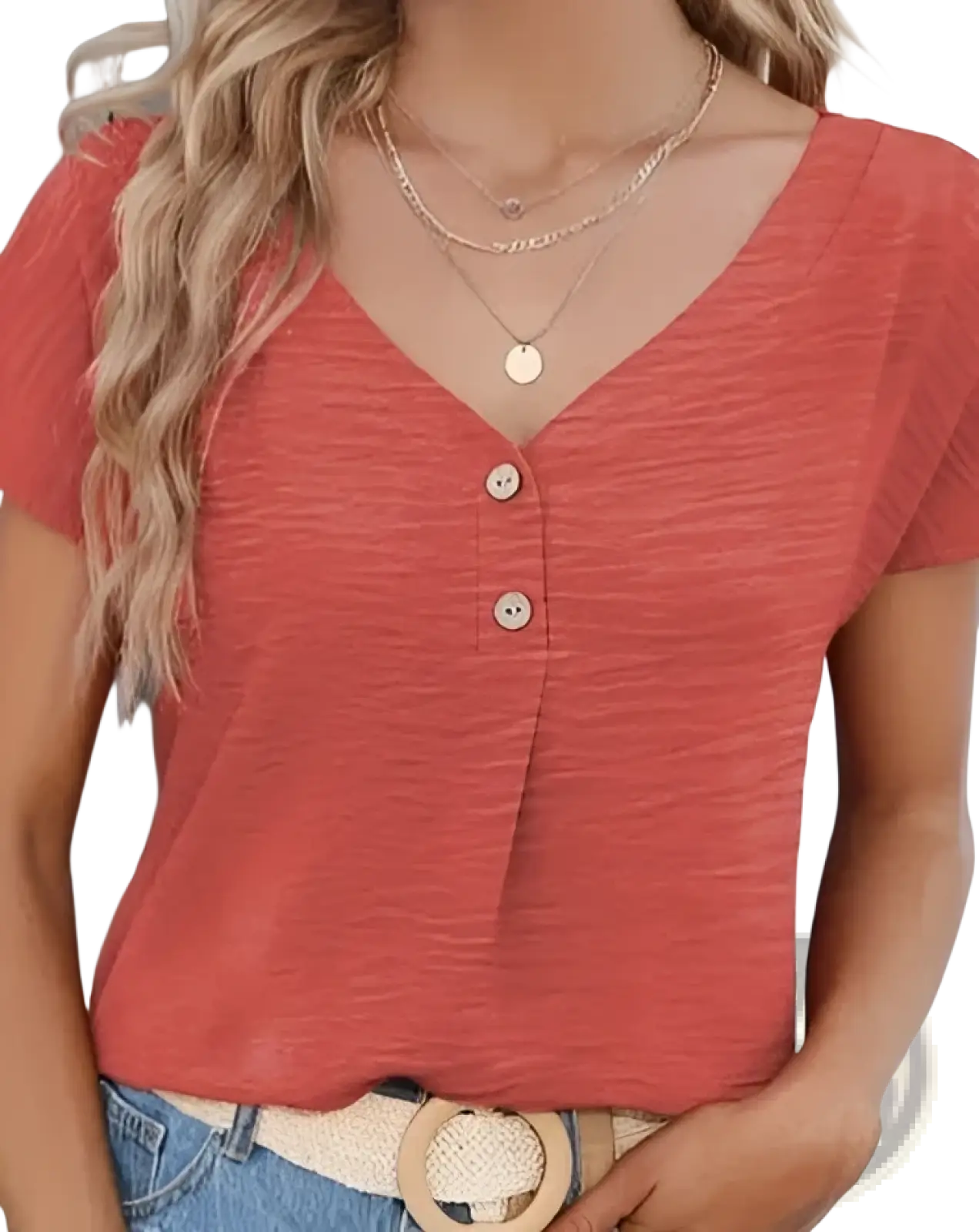 Button Front v Neck Short Sleeve Textured Blouse