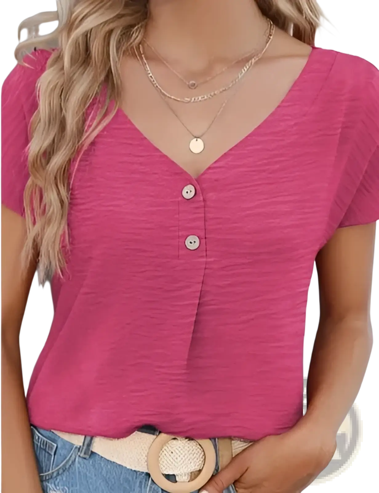 Button Front v Neck Short Sleeve Textured Blouse
