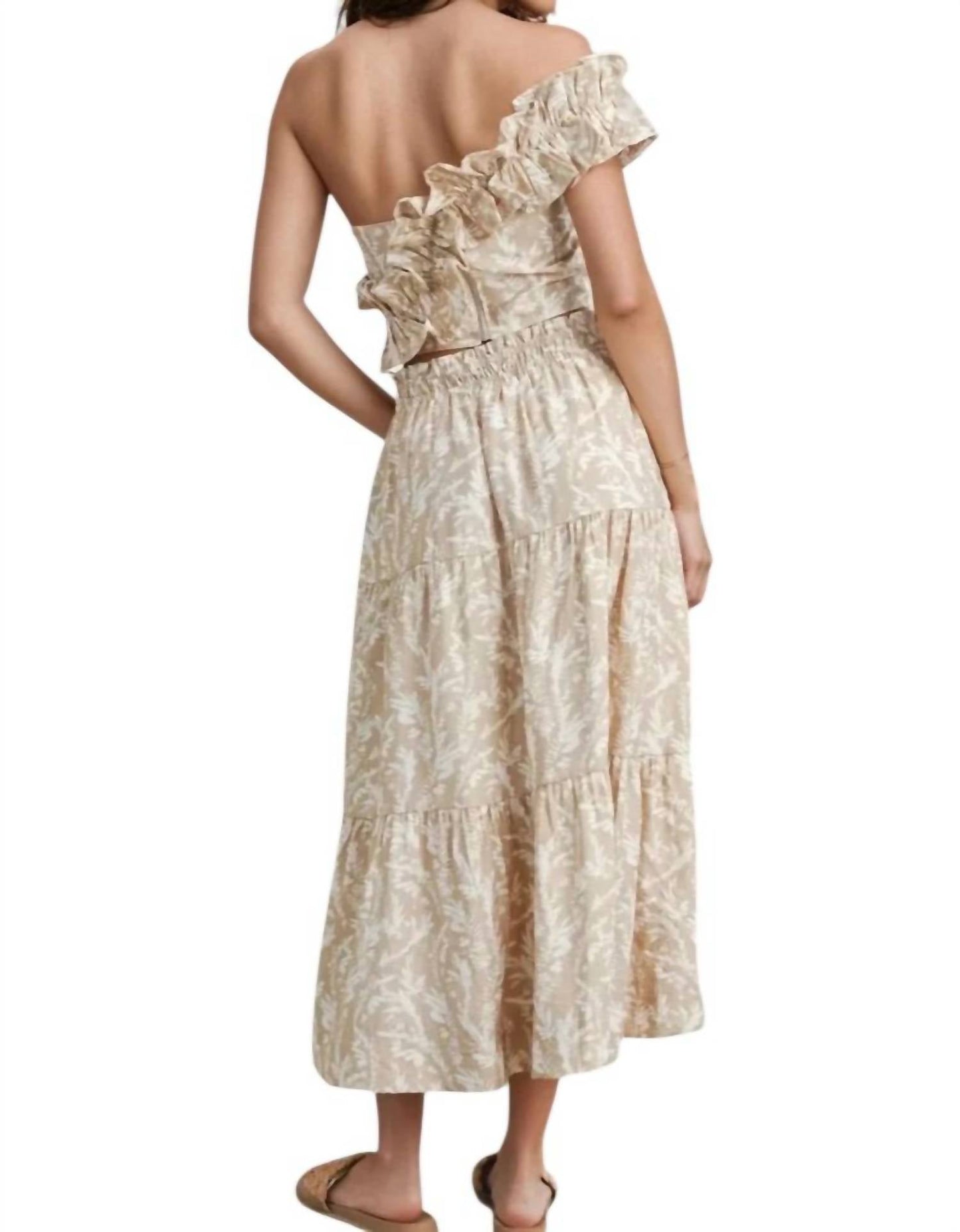 Buttermelon - Abey Leaf Print One-Shoulder Cropped Top & Maxi Skirt