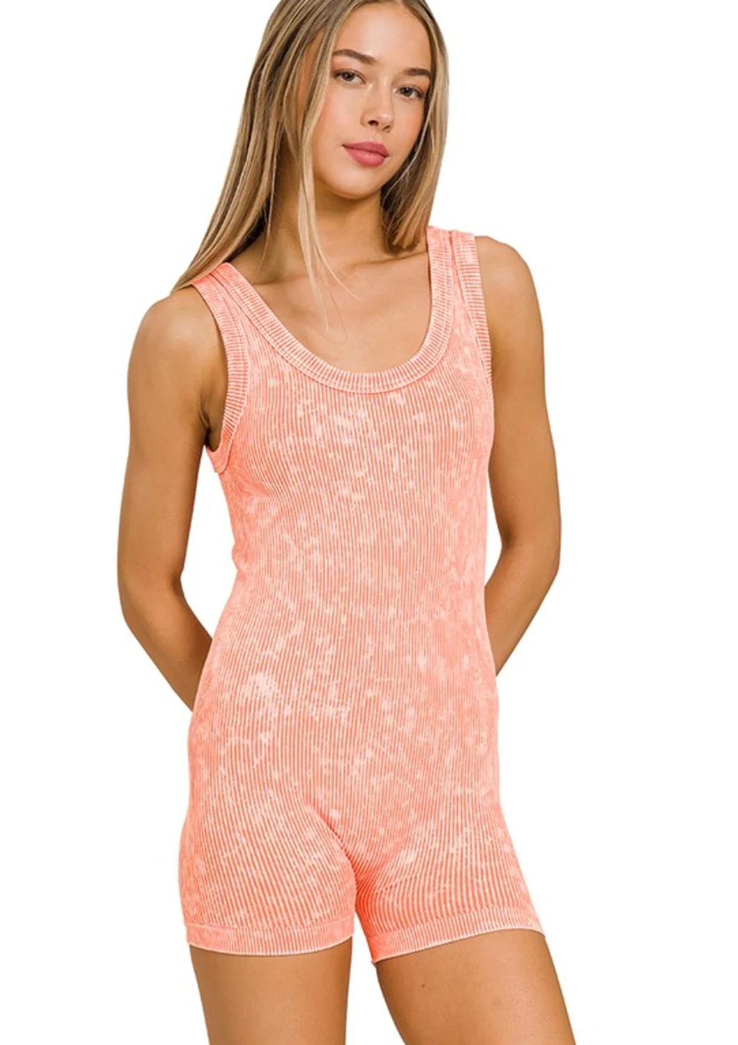 Zenana - Stone Washed Ribbed Seamless Romper