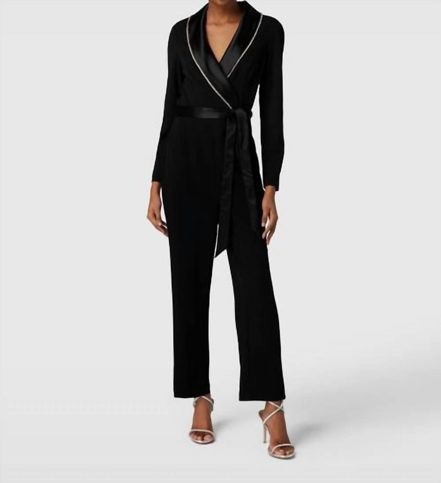 Adrianna Papell - Long Sleeve Embellished Collar Knit Crepe Jumpsuit