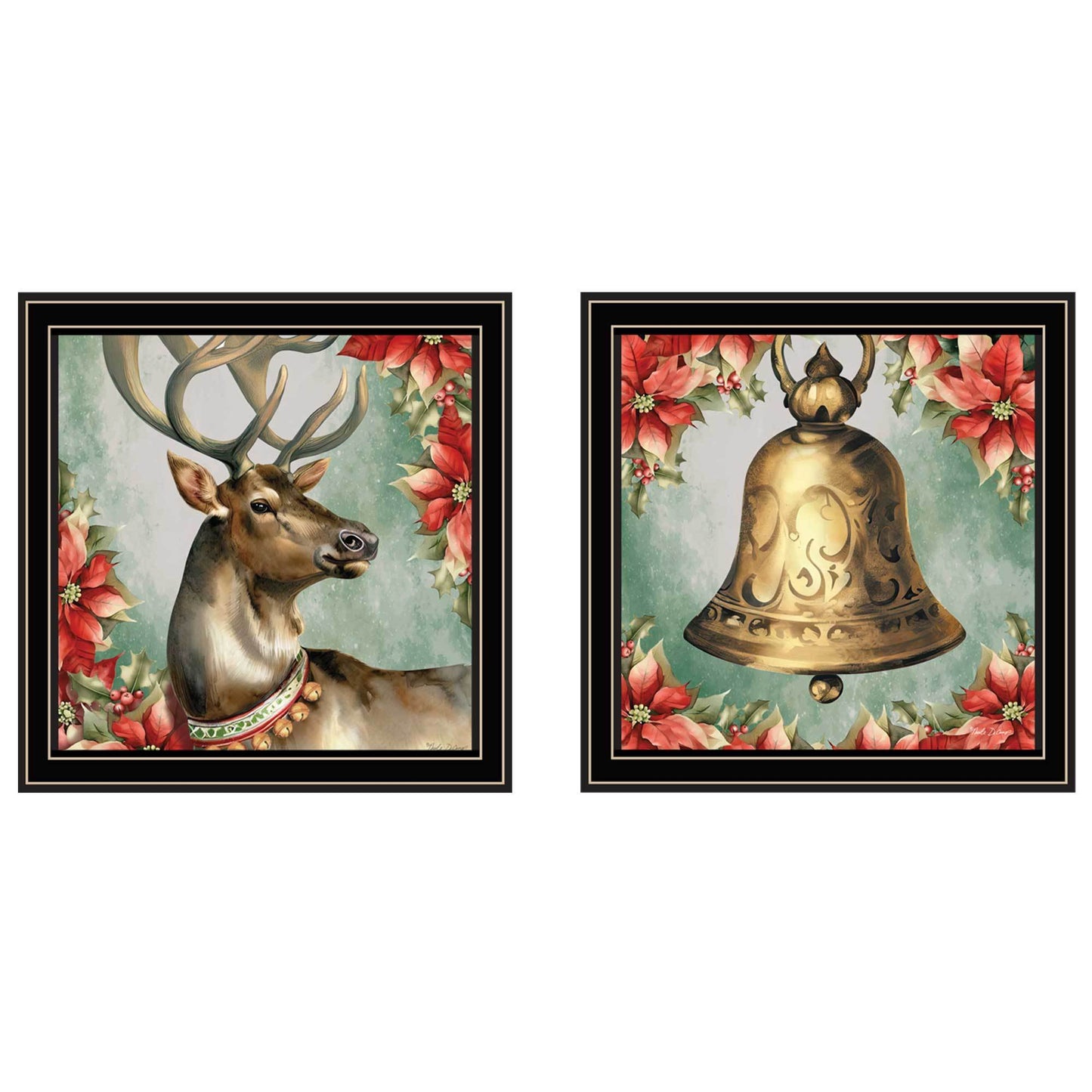 2-Piece “Old World Reindeer & Bell” Black Framed Wall Art by Nicole DeCamp