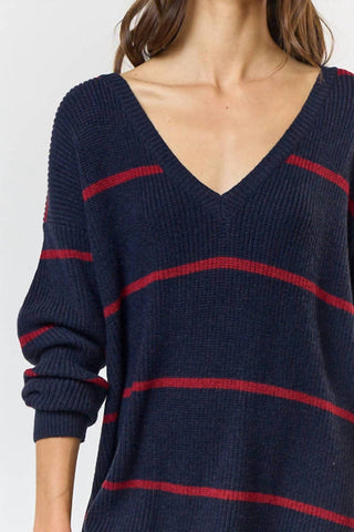 Lalavon - Stripe V-neck Sweater Mini Dress