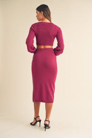 Conjunto de blusa e saia midi de malha trançada frontal MABLE