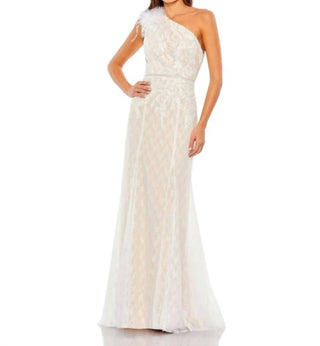 Mac Duggal - Vestido formal de renda com um ombro só e penas