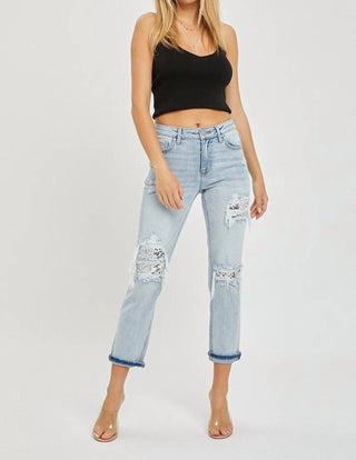Risen - Midrise Sequin Patch Tapered Jeans