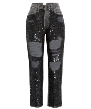 Moldura - Calça jeans reta com lantejoulas e cintura alta