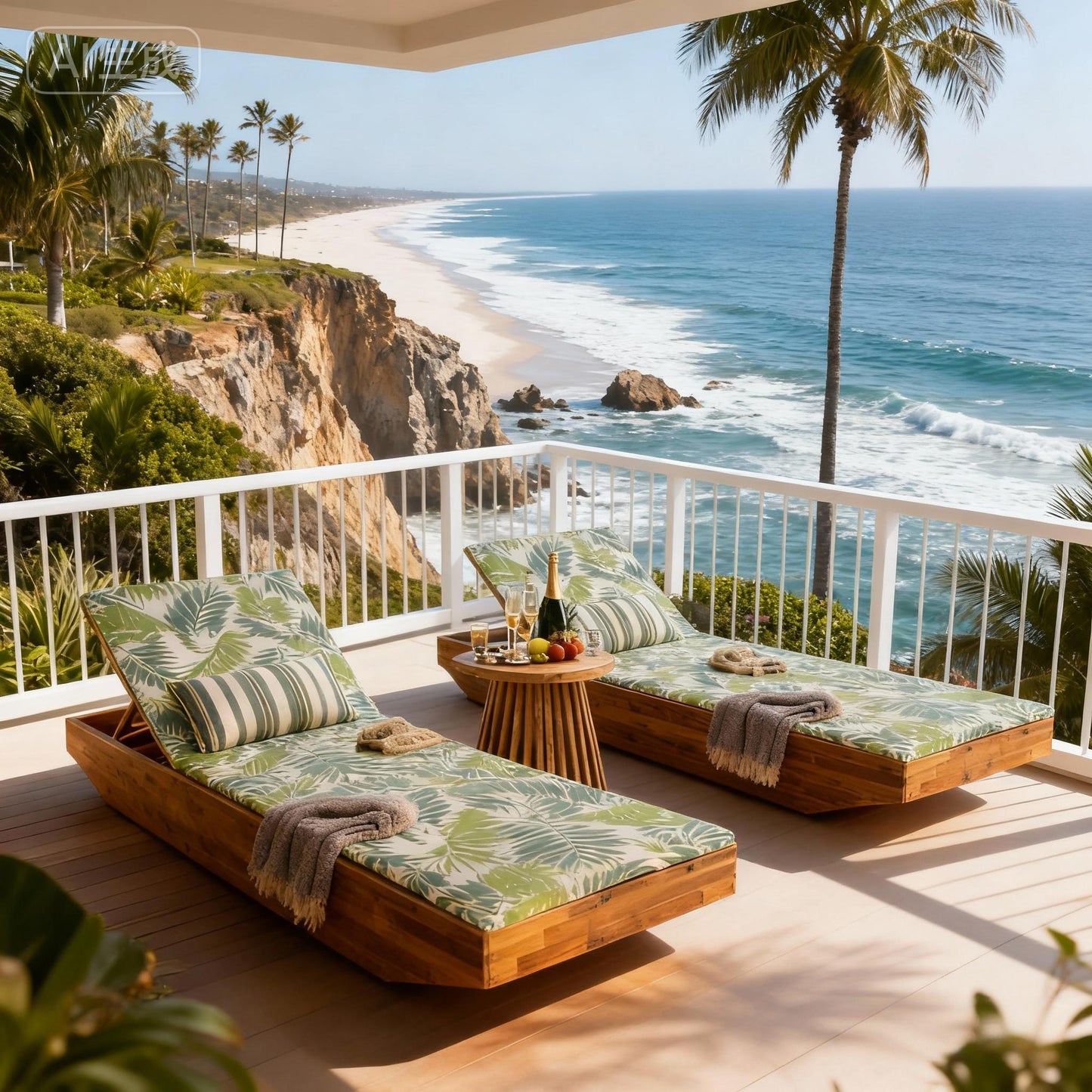 Acacia Wood Chaise Lounge with Teak Finish and Water-Repellent Cushion