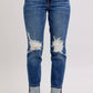 Judy Blue - Distressed Knit Boyfriend Cuffed Jean